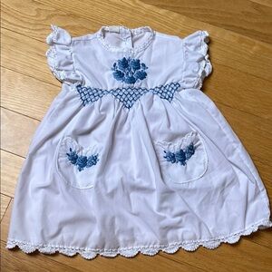 White Dress with Smocking & Blue Embroidery